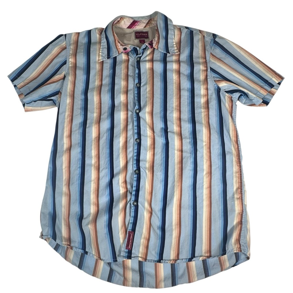 Tommy Hilfiger Red‎ Label Denim Short Sleeve Button Up Shirt Small Y2K Stripe